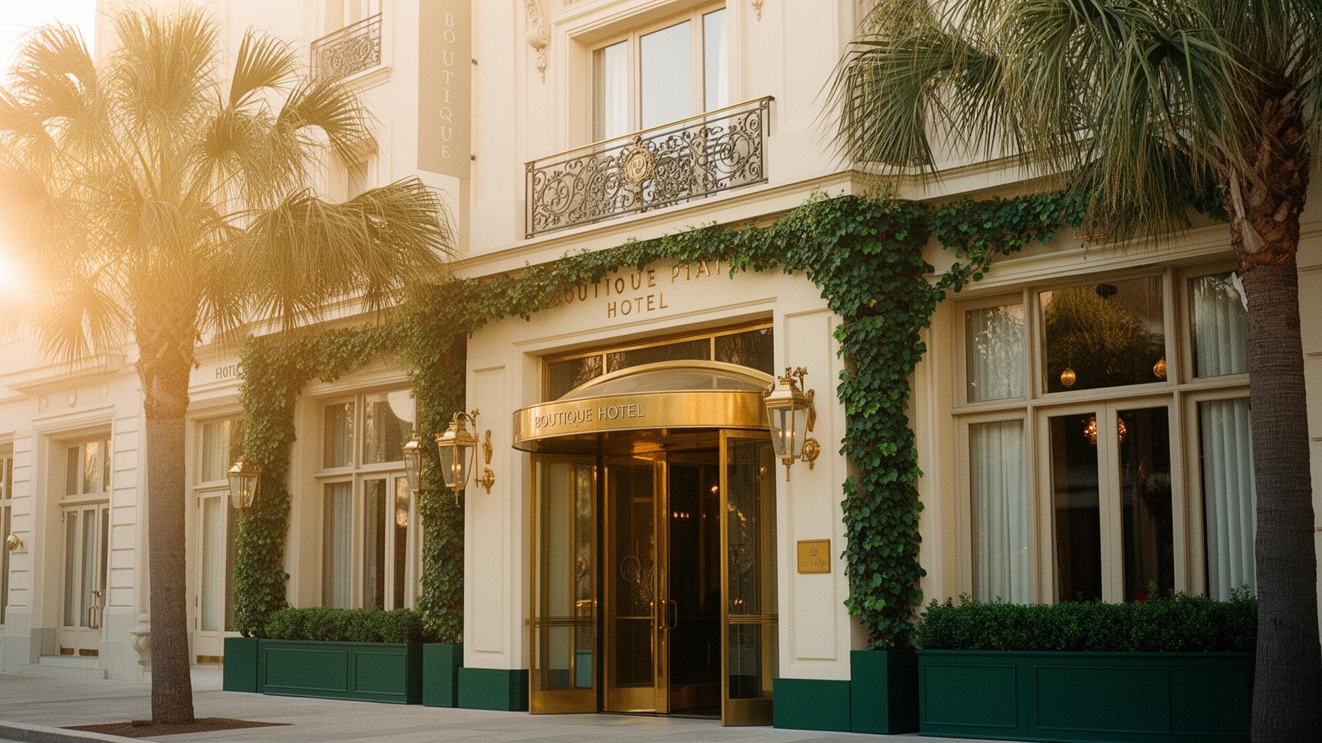 Boutique hotel facade at golden hour